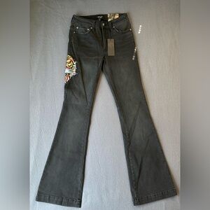 Ed Hardy Women's Denim Black Slim Flare Fit Tiger Head Print Jeans Size 24 NWT